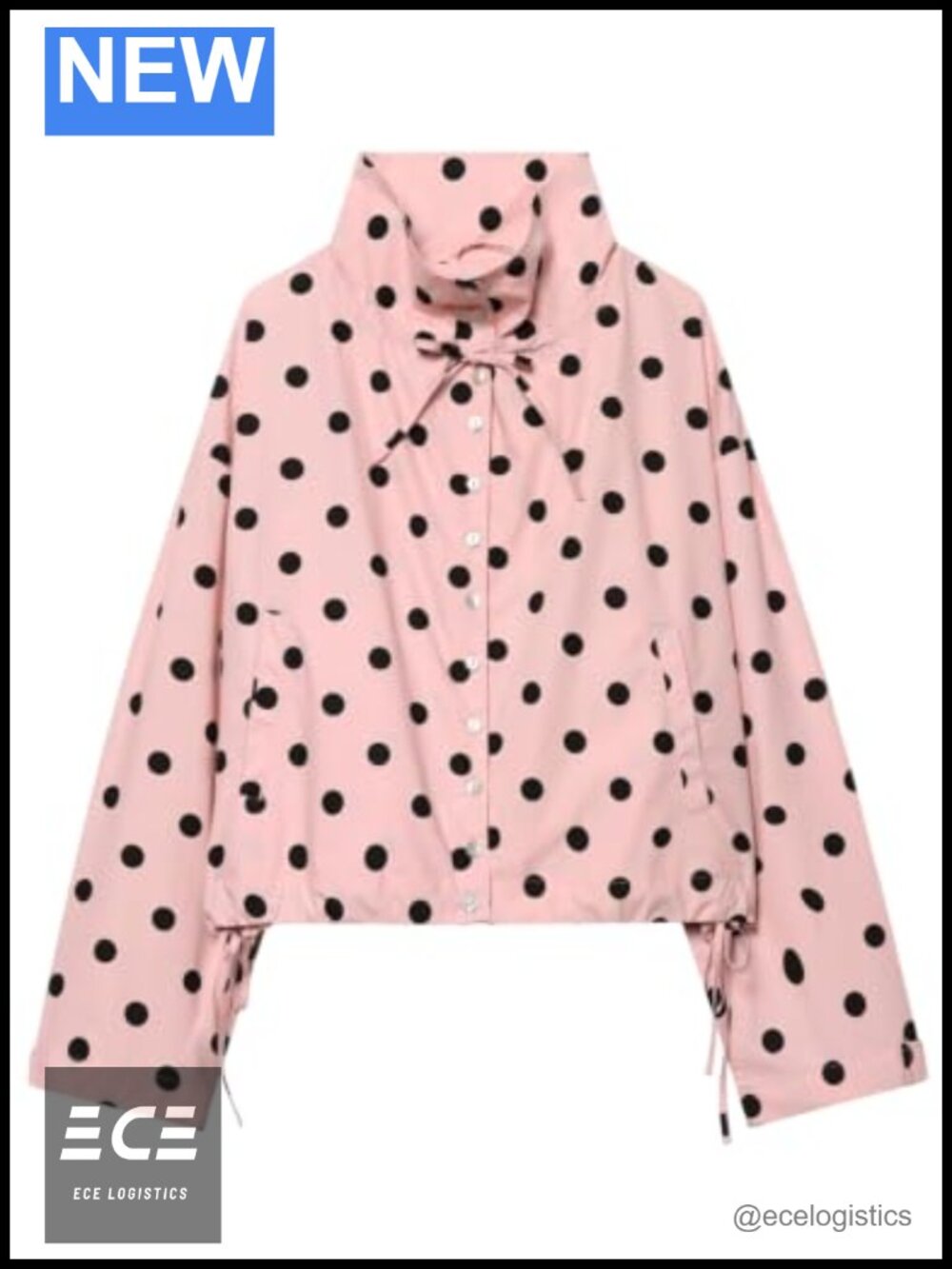 Cropped Polka Dot Button Down Shirt Stand Collar Tie Hem Pockets